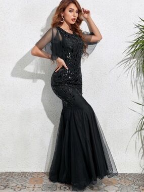 PrettyGuide Black Sequin Mermaid Maxi Dress with Sheer Cap Sleeves